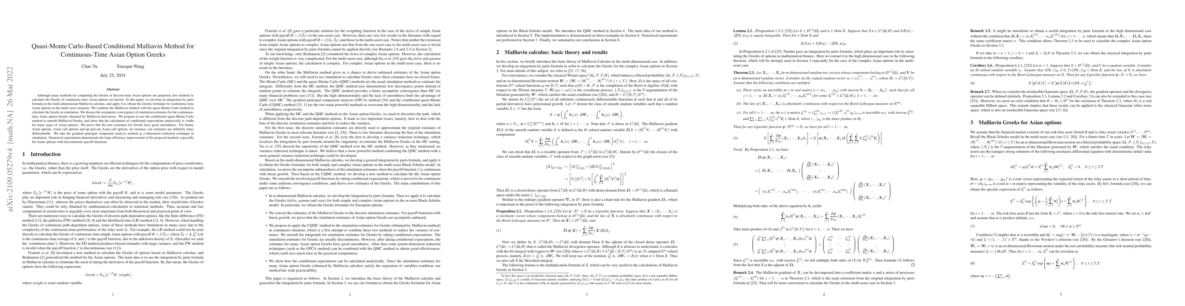 Thumbnail for Quasi-Monte Carlo-Based Conditional Malliavin Method for Continuous-Time
  Asian Option Greeks