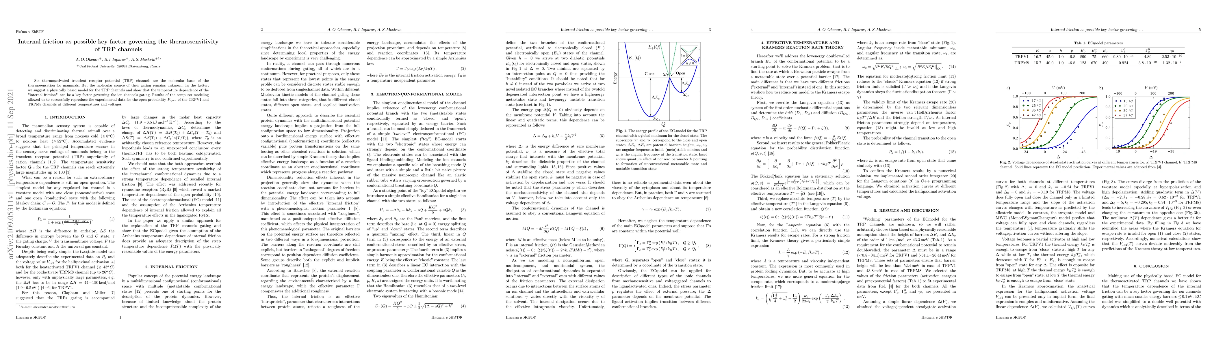 Thumbnail for Internal friction as possible key factor governing the thermosensitivity
  of TRP channels