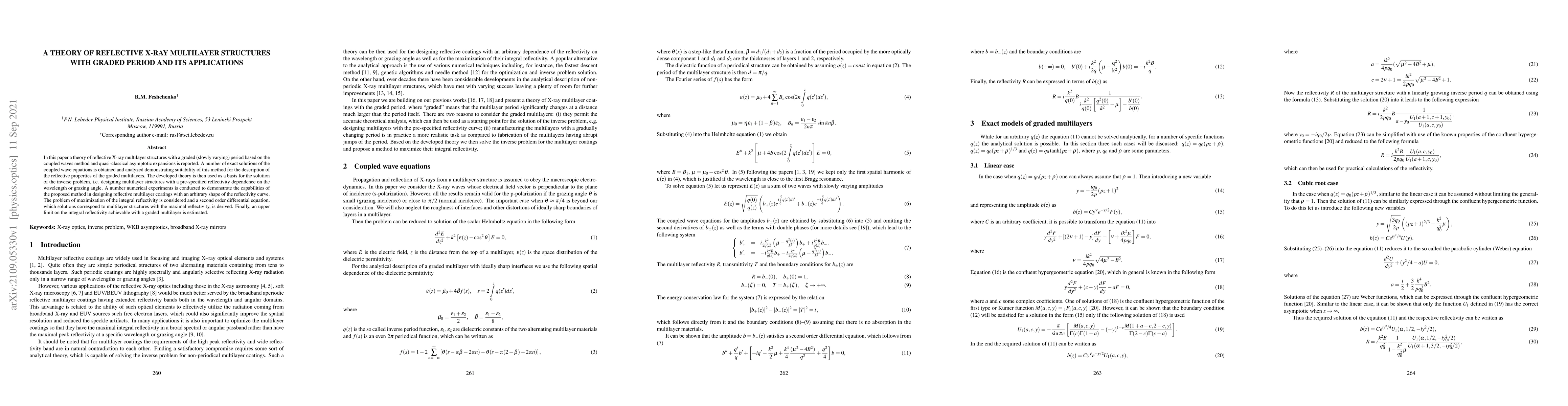 Thumbnail for A theory of reflective X-ray multilayer structures with graded period
  and its applications