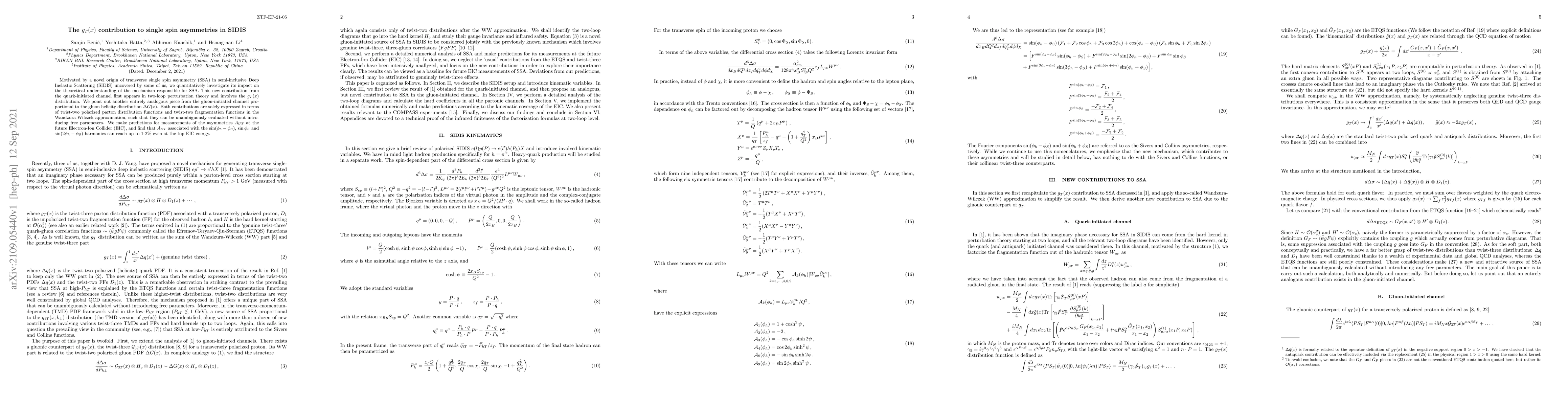 Thumbnail for The $g_T(x)$ contribution to single spin asymmetries in SIDIS