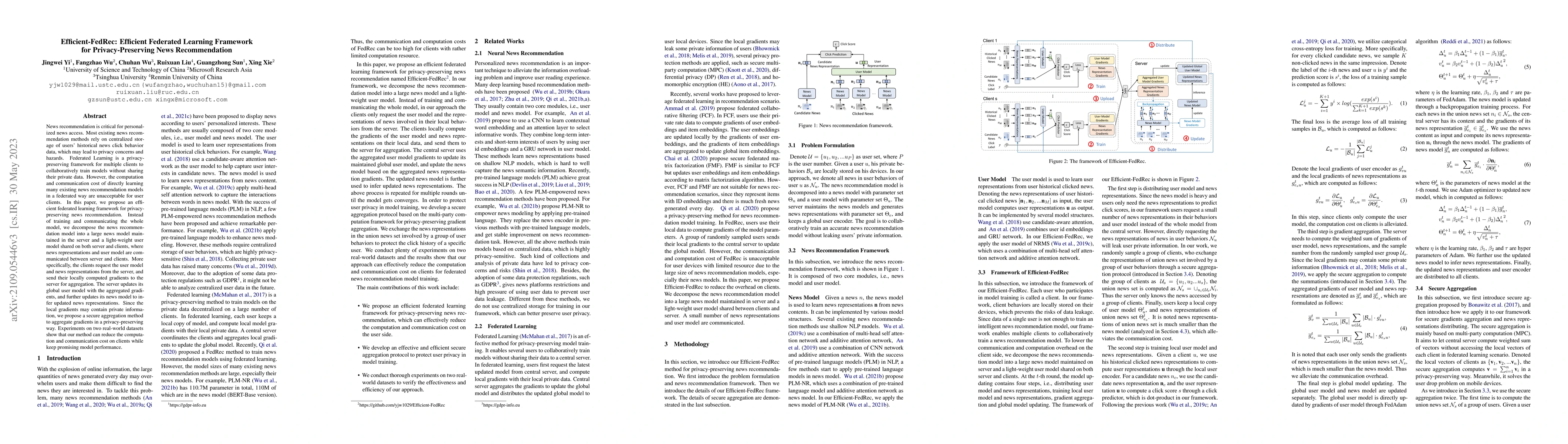Thumbnail for Efficient-FedRec: Efficient Federated Learning Framework for
  Privacy-Preserving News Recommendation