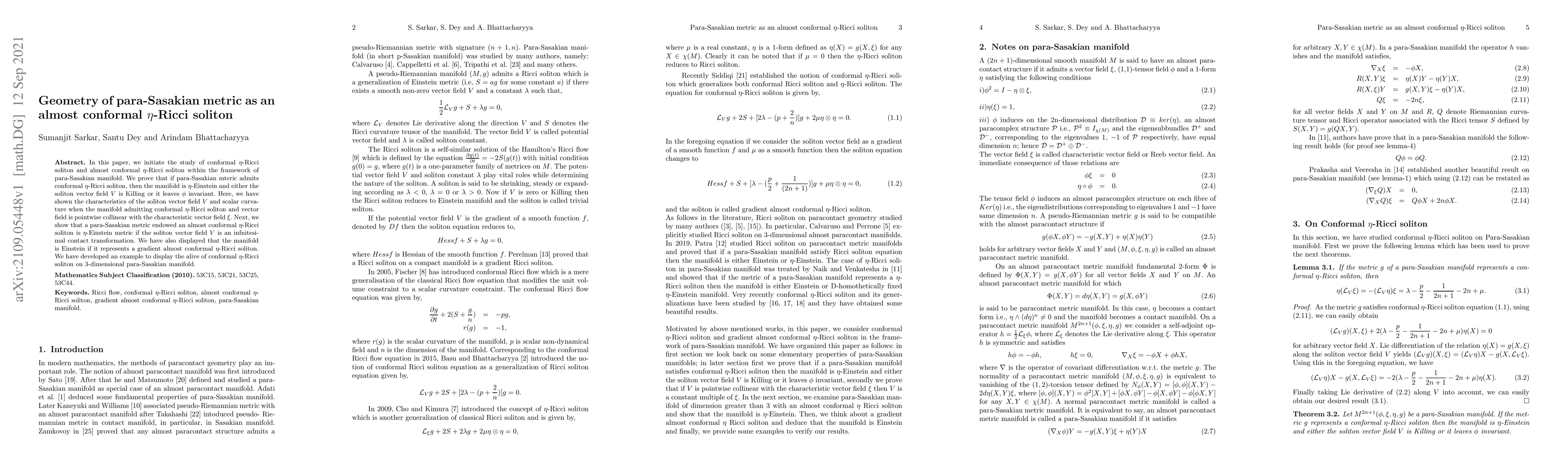 Thumbnail for Geometry of para-Sasakian metric as an almost conformal $\eta$-Ricci
  soliton