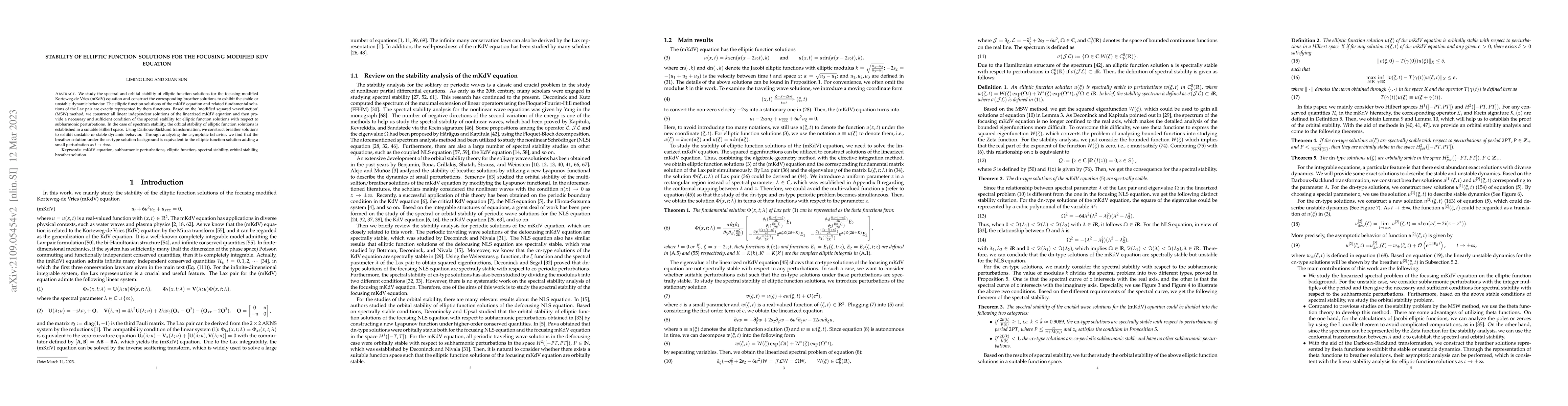 Thumbnail for Stability of elliptic function solutions for the focusing modified KdV
  equation