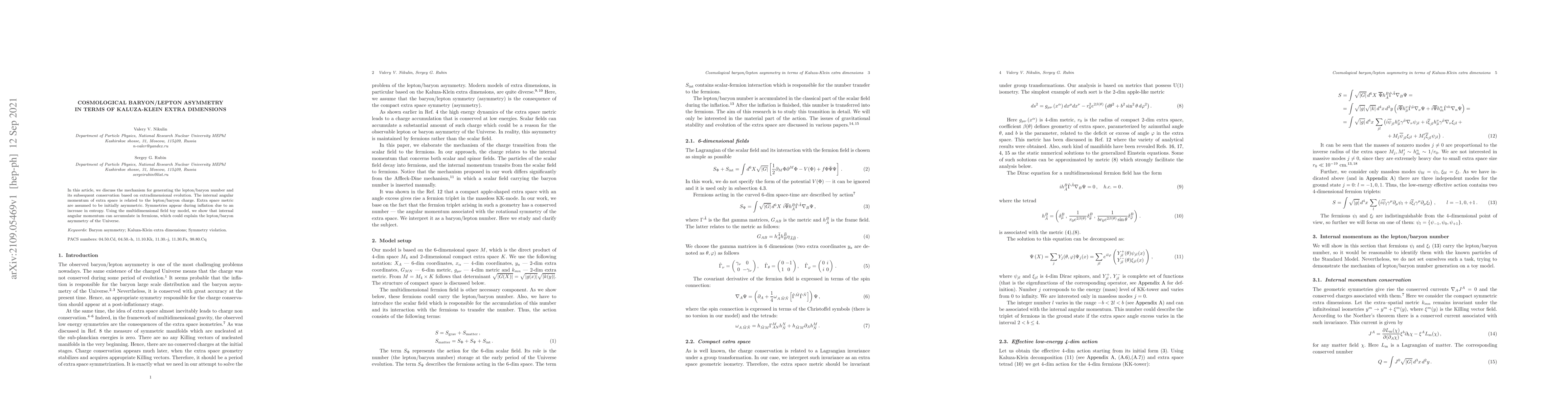 Thumbnail for Cosmological baryon/lepton asymmetry in terms of Kaluza-Klein extra
  dimensions
