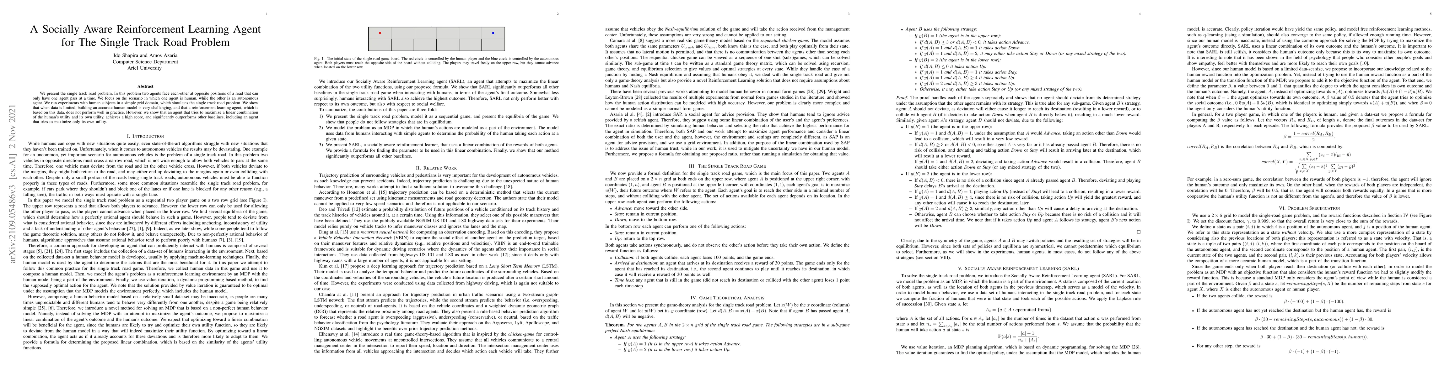 Thumbnail for A Socially Aware Reinforcement Learning Agent for The Single Track Road
  Problem
