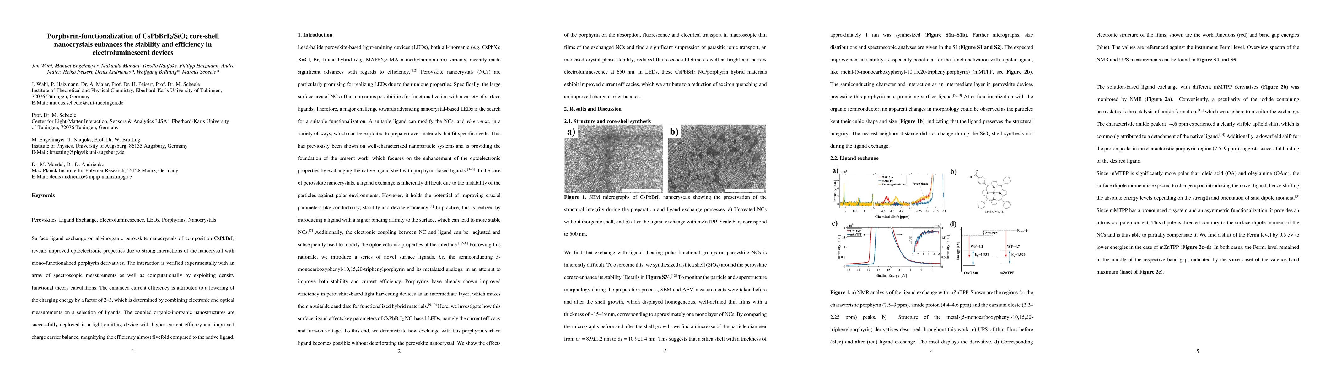 Thumbnail for Porphyrin-functionalization of CsPbBrI$_{2}$/SiO$_{2}$ core-shell
  nanocrystals enhances the stability and efficiency in electroluminescent
  devices