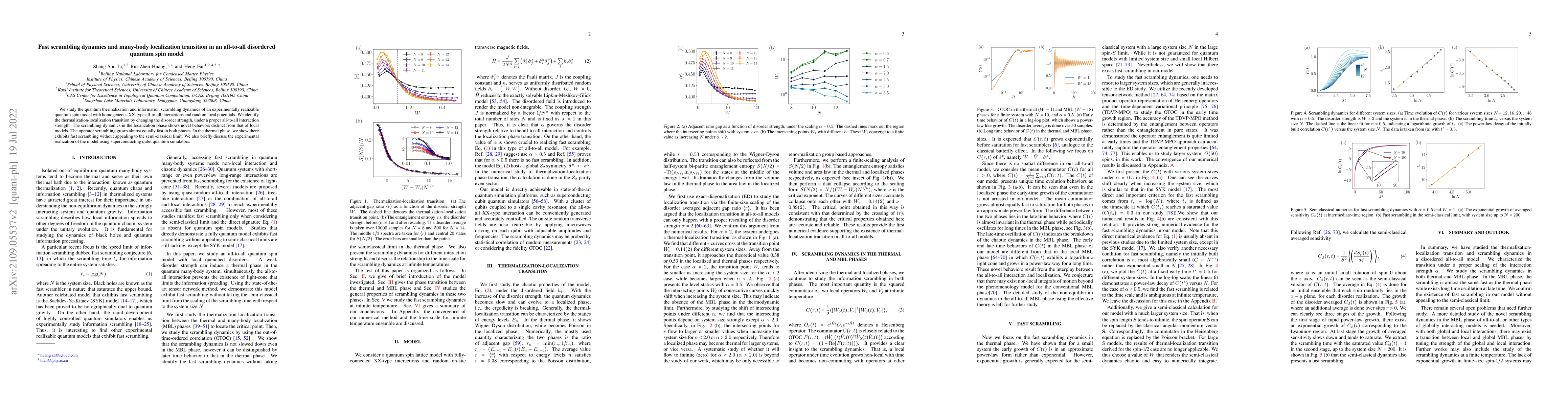 Thumbnail for Fast scrambling dynamics and many-body localization transition in an
  all-to-all disordered quantum spin model