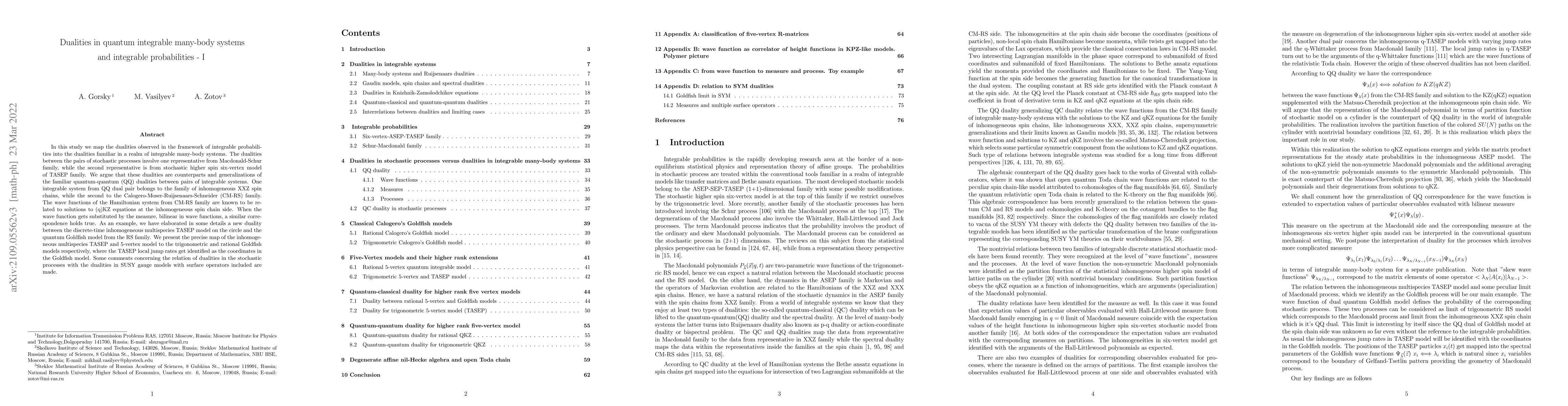 Thumbnail for Dualities in quantum integrable many-body systems and integrable
  probabilities -- I