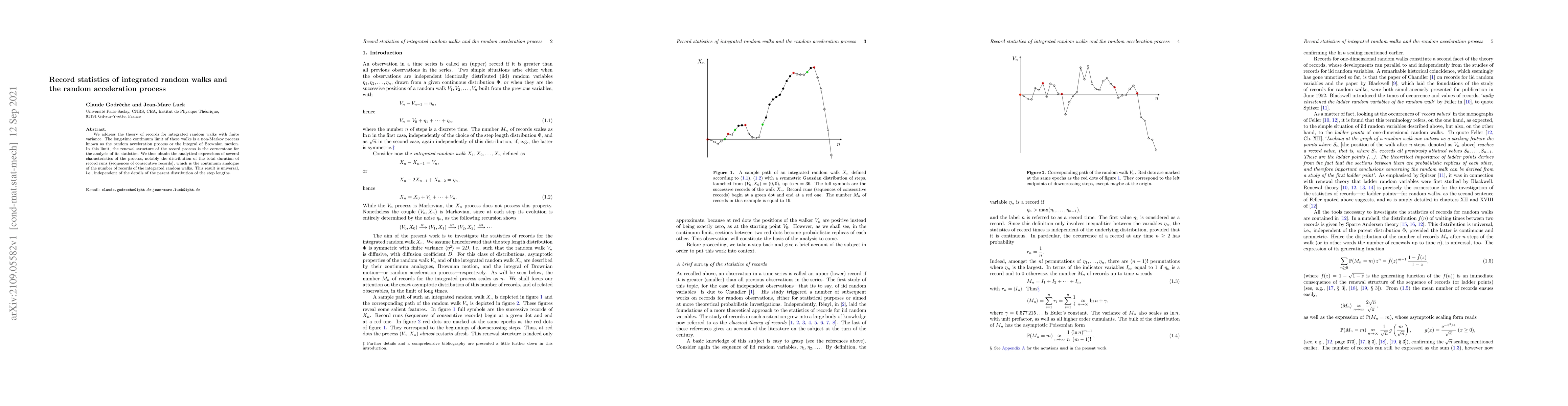 Thumbnail for Record statistics of integrated random walks and the random acceleration
  process