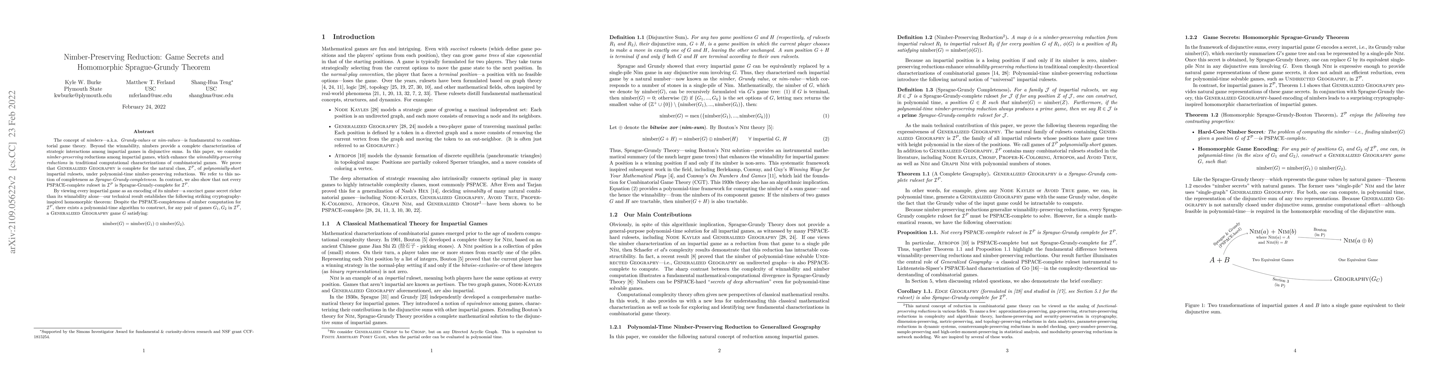 Thumbnail for Nimber-Preserving Reductions and Homomorphic Sprague-Grundy Game
  Encodings