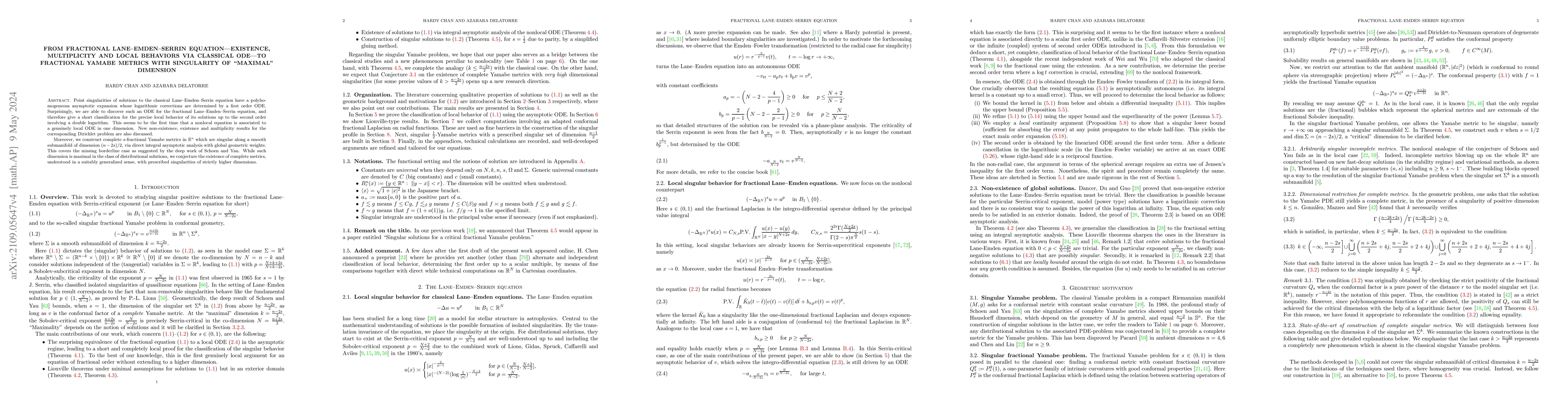 Thumbnail for From fractional Lane-Emden-Serrin equation -- existence, multiplicity
  and local behaviors via classical ODE -- to fractional Yamabe metrics with
  singularity of "maximal" dimension