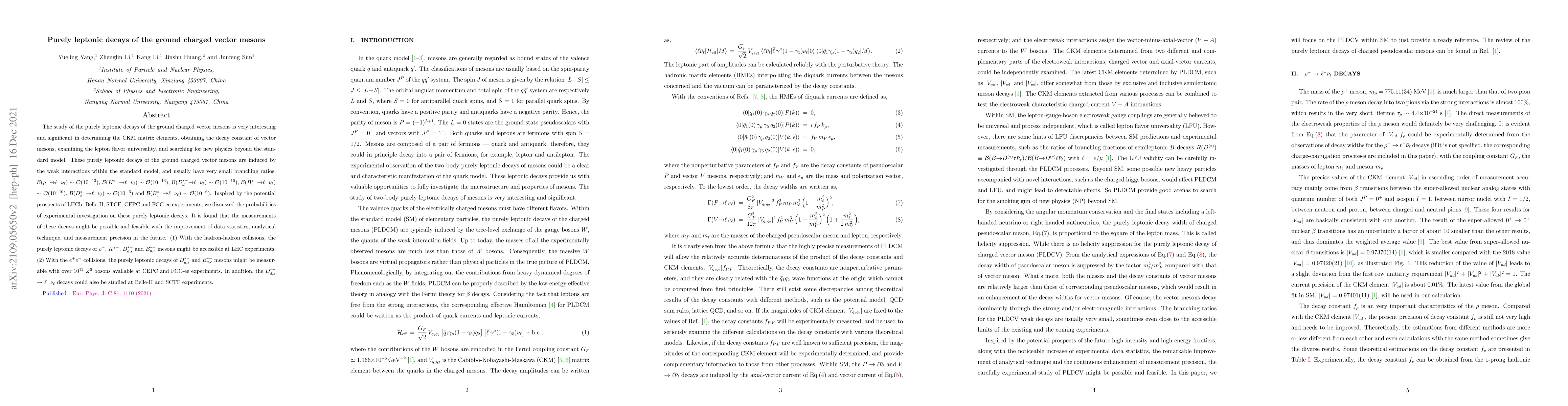 Thumbnail for Purely leptonic decays of the ground charged vector mesons