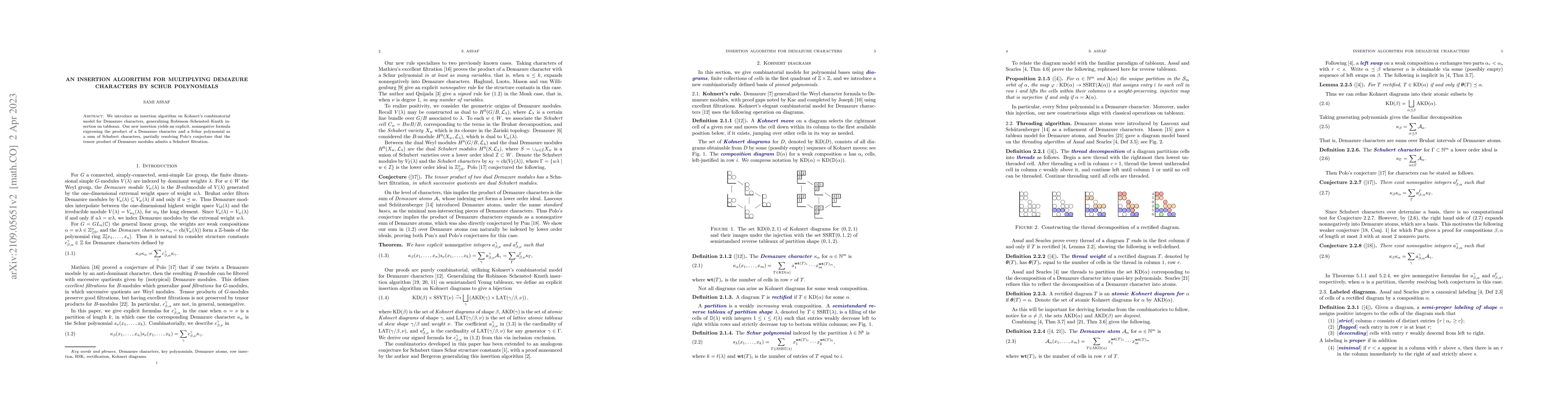 Thumbnail for An insertion algorithm for multiplying Demazure characters by Schur
  polynomials