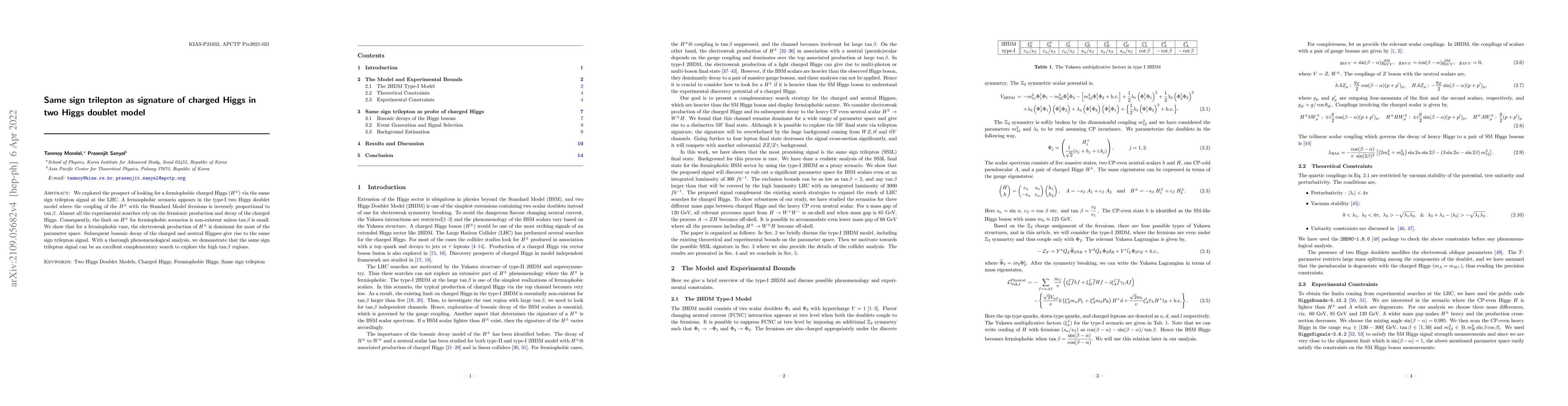 Thumbnail for Same sign trilepton as signature of charged Higgs in two Higgs doublet
  model