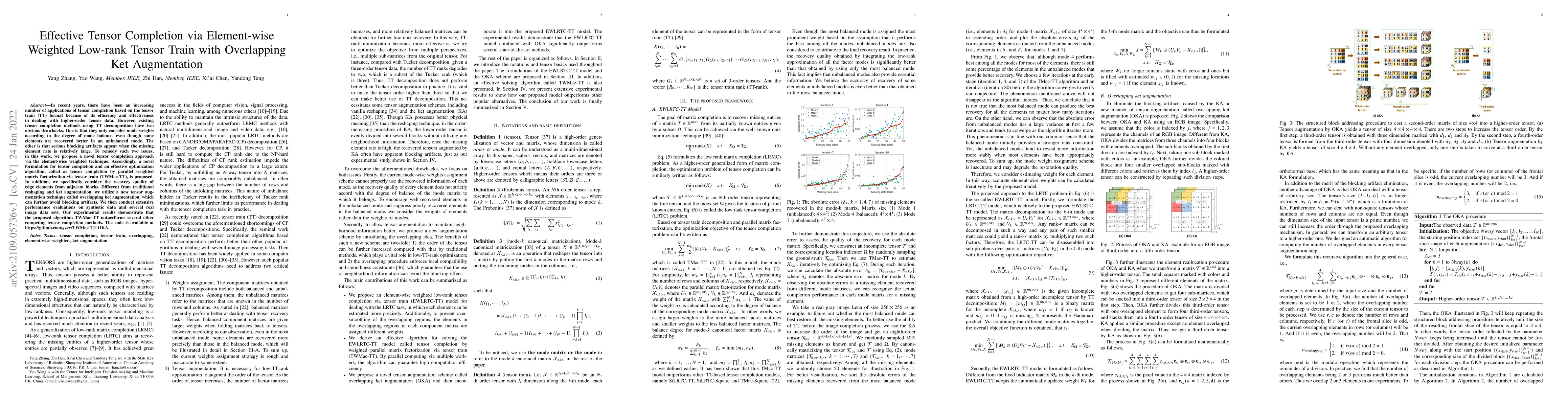 Thumbnail for Effective Tensor Completion via Element-wise Weighted Low-rank Tensor
  Train with Overlapping Ket Augmentation