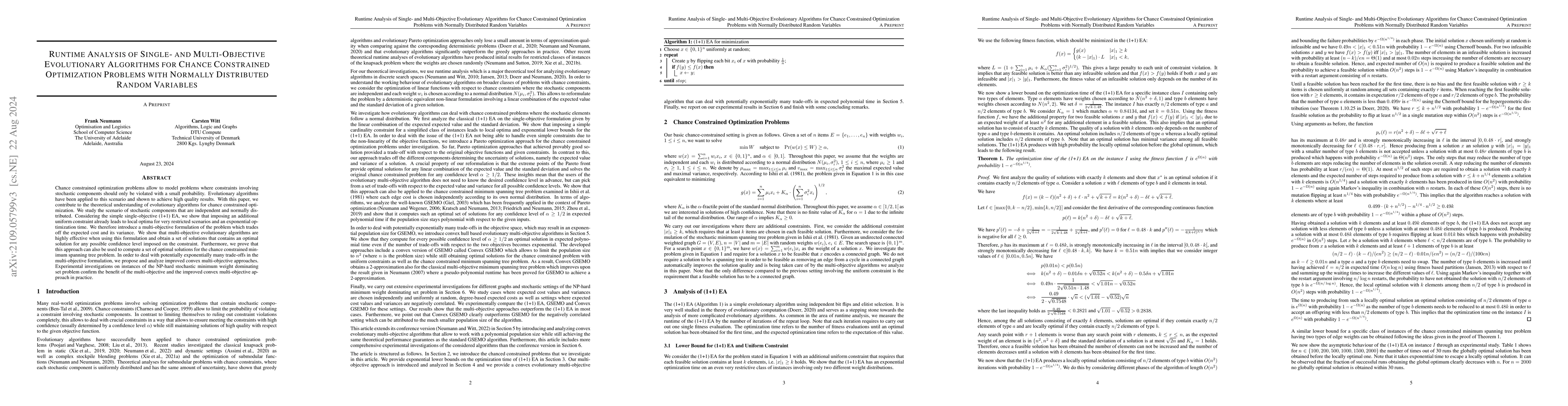 Thumbnail for Runtime Analysis of Single- and Multi-Objective Evolutionary Algorithms
  for Chance Constrained Optimization Problems with Normally Distributed Random
  Variables