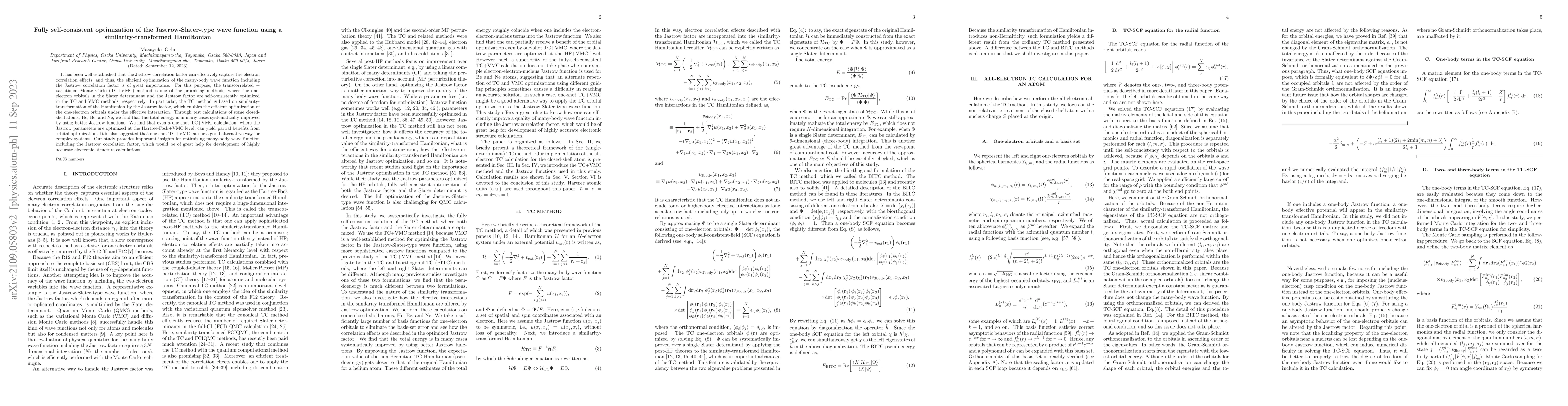 Thumbnail for Fully self-consistent optimization of the Jastrow-Slater-type wave
  function using a similarity-transformed Hamiltonian