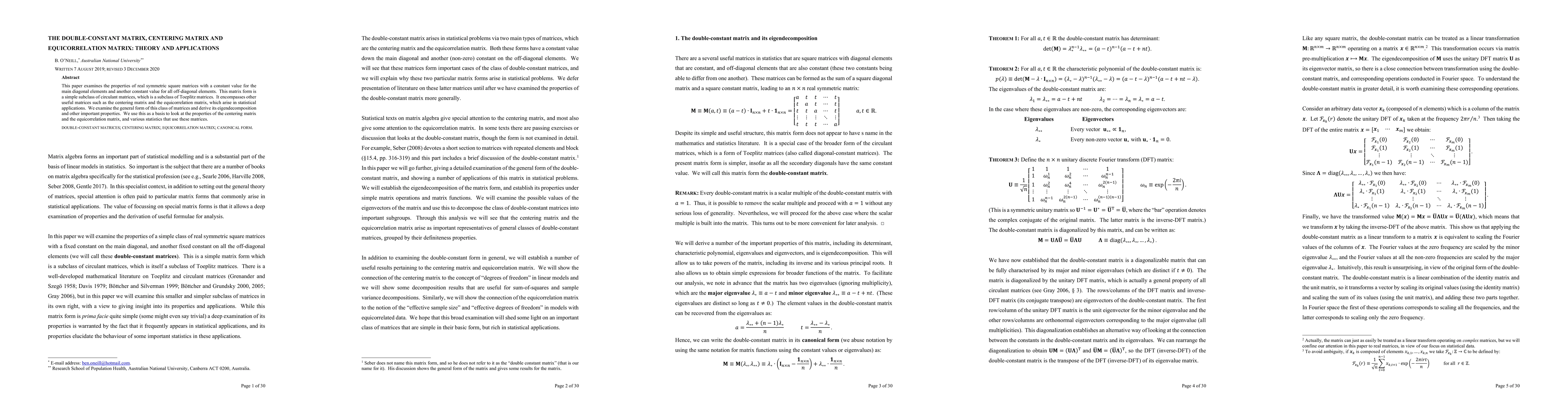Thumbnail for The Double-Constant Matrix, Centering Matrix and Equicorrelation Matrix:
  Theory and Applications