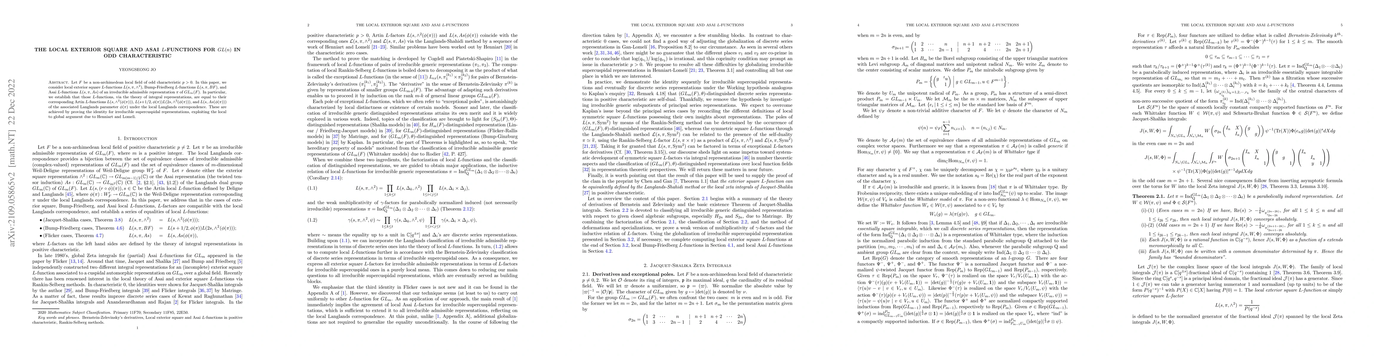Thumbnail for The local exterior square and Asai $L$-functions for $GL(n)$ in odd
  characteristic