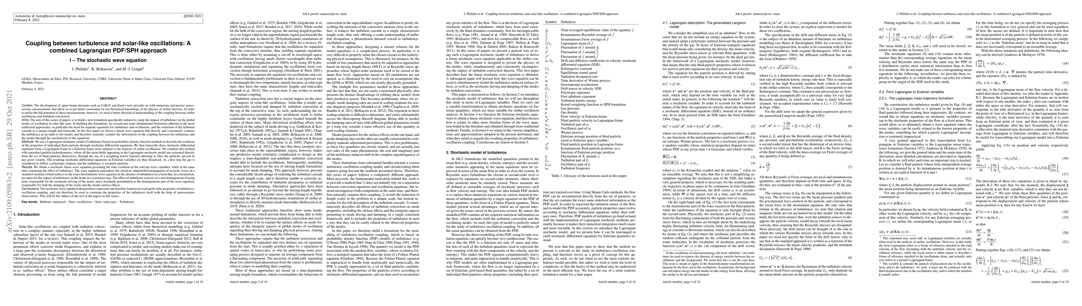 Thumbnail for Coupling between turbulence and solar-like oscillations: a combined
  Lagrangian PDF/SPH approach. I -- The stochastic wave equation
