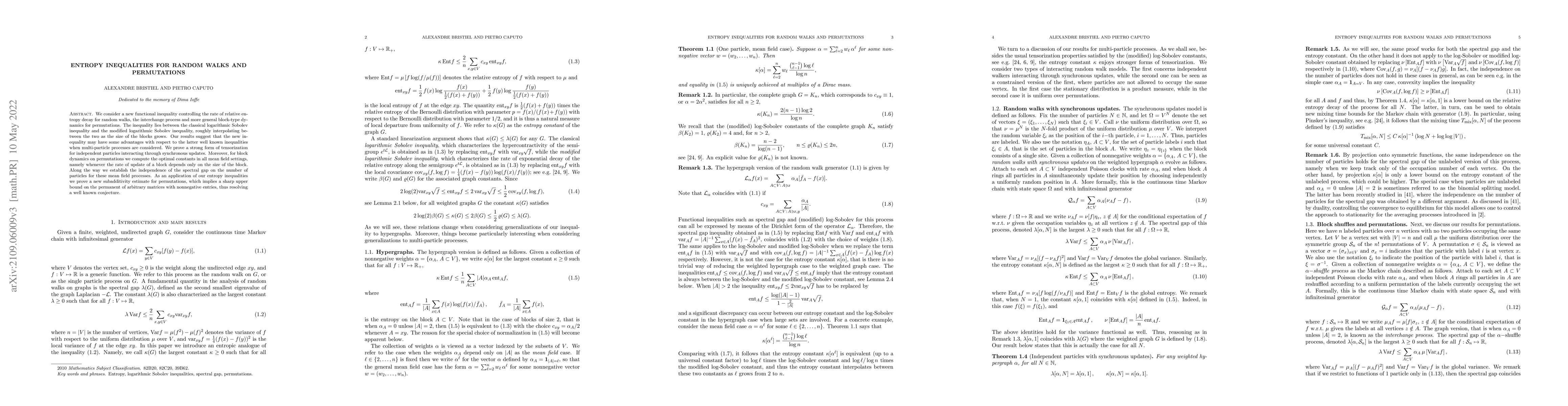 Thumbnail for Entropy inequalities for random walks and permutations