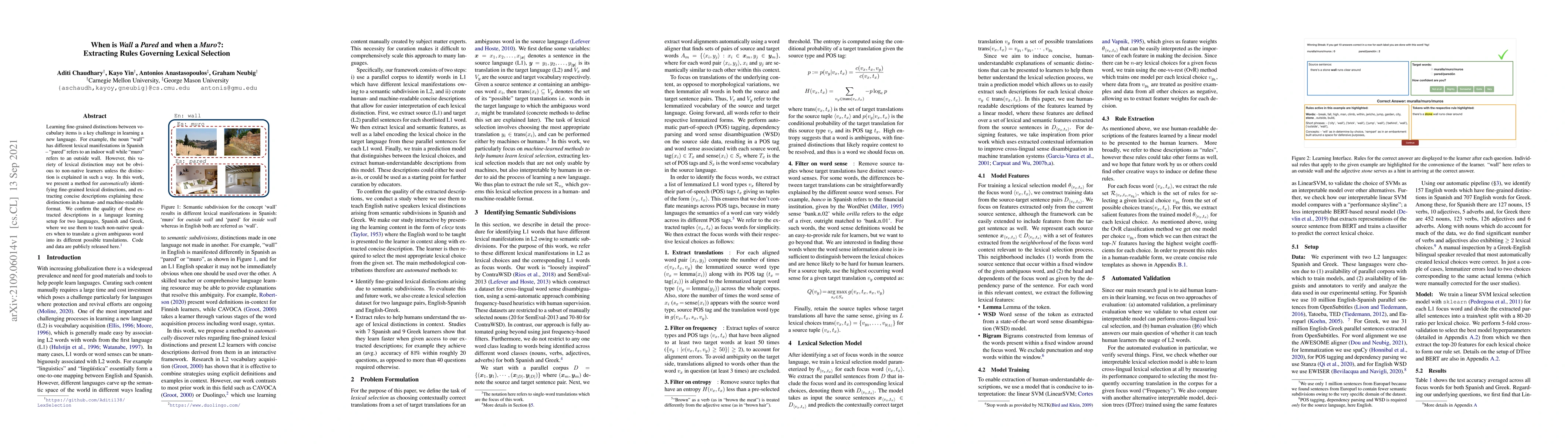 Thumbnail for When is Wall a Pared and when a Muro? -- Extracting Rules Governing
  Lexical Selection