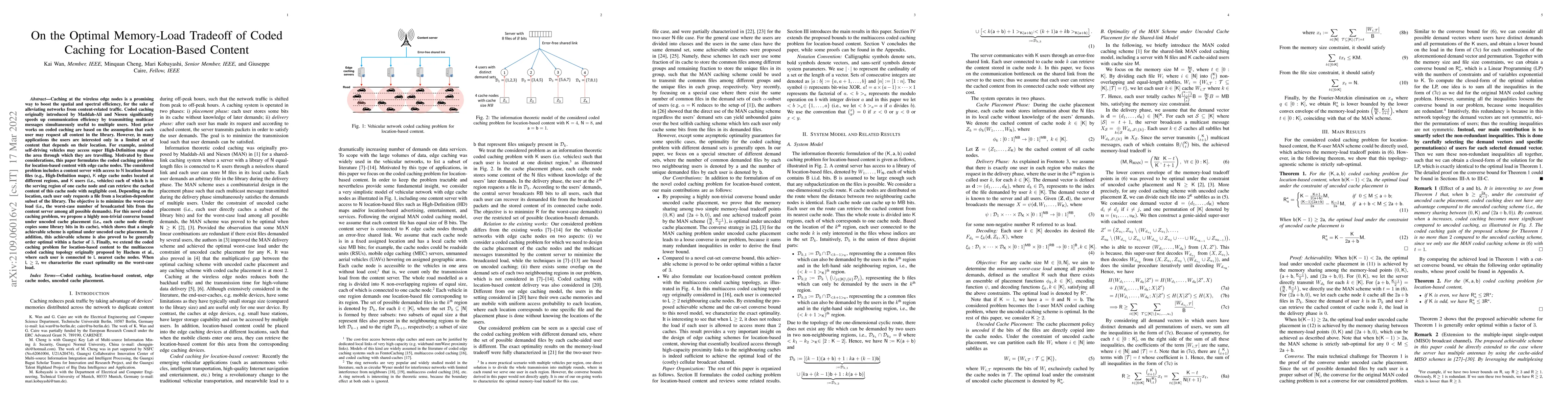 Thumbnail for On the Optimal Memory-Load Tradeoff of Coded Caching for Location-Based
  Content
