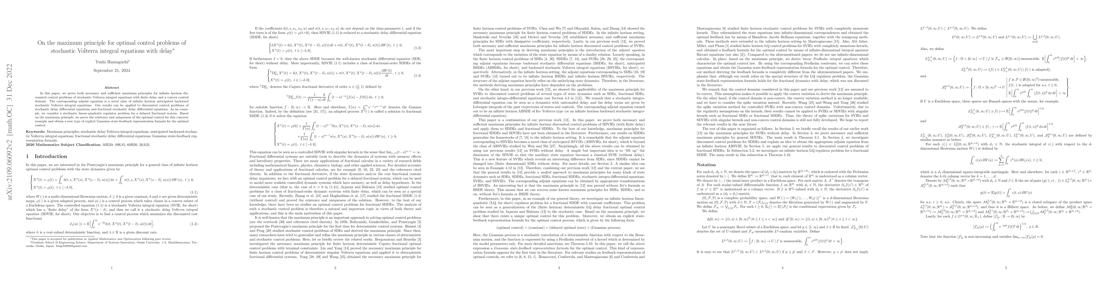 Thumbnail for On the maximum principle for optimal control problems of stochastic
  Volterra integral equations with delay