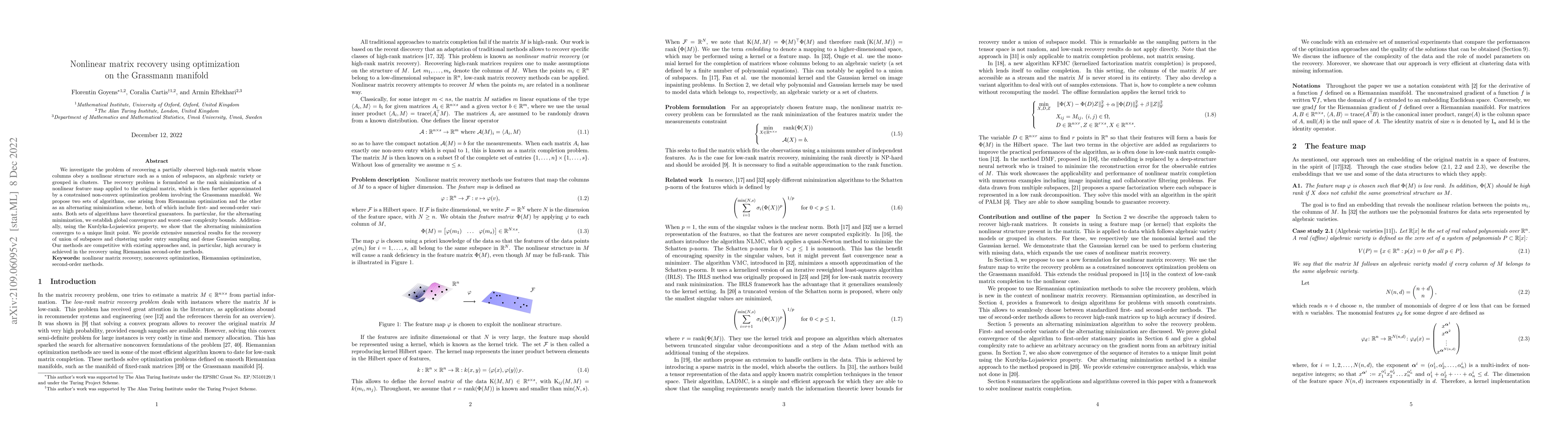 Thumbnail for Nonlinear matrix recovery using optimization on the Grassmann manifold