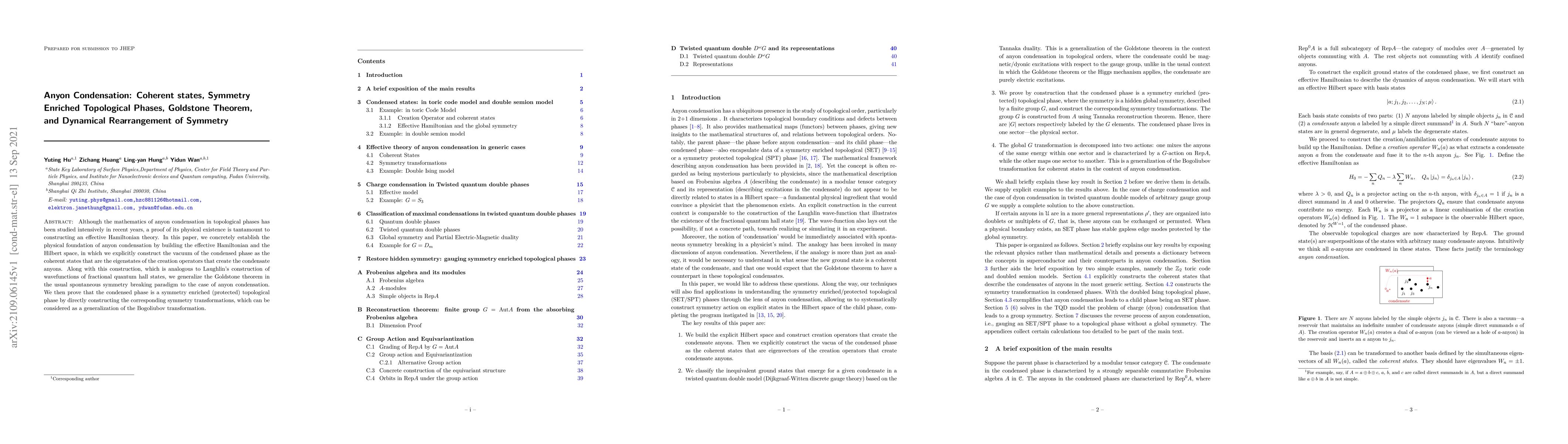 Thumbnail for Anyon Condensation: Coherent states, Symmetry Enriched Topological
  Phases, Goldstone Theorem, and Dynamical Rearrangement of Symmetry