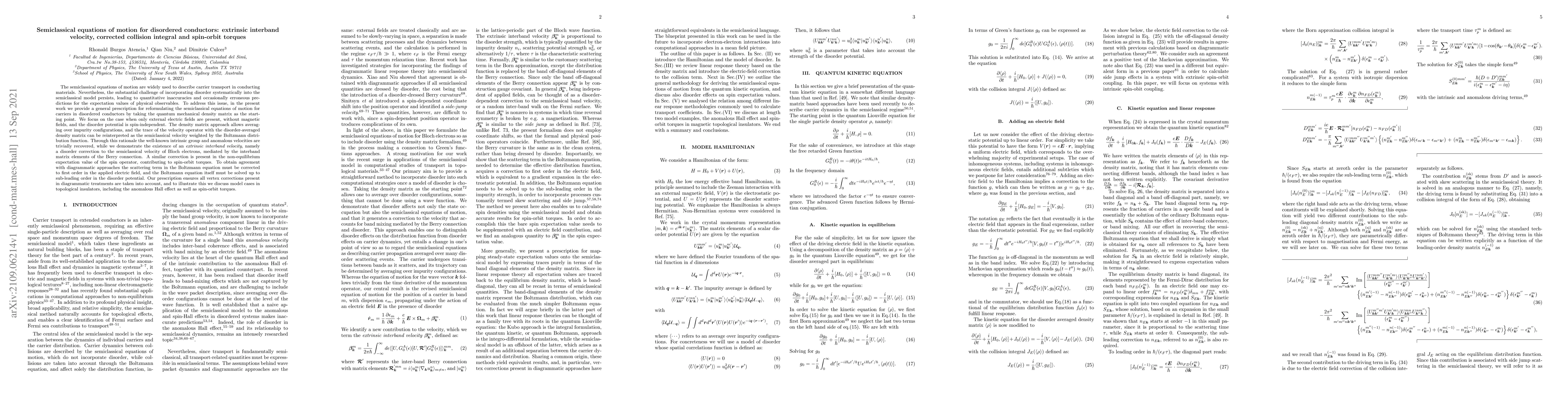 Thumbnail for Semiclassical equations of motion for disordered conductors: extrinsic
  interband velocity, corrected collision integral and spin-orbit torques