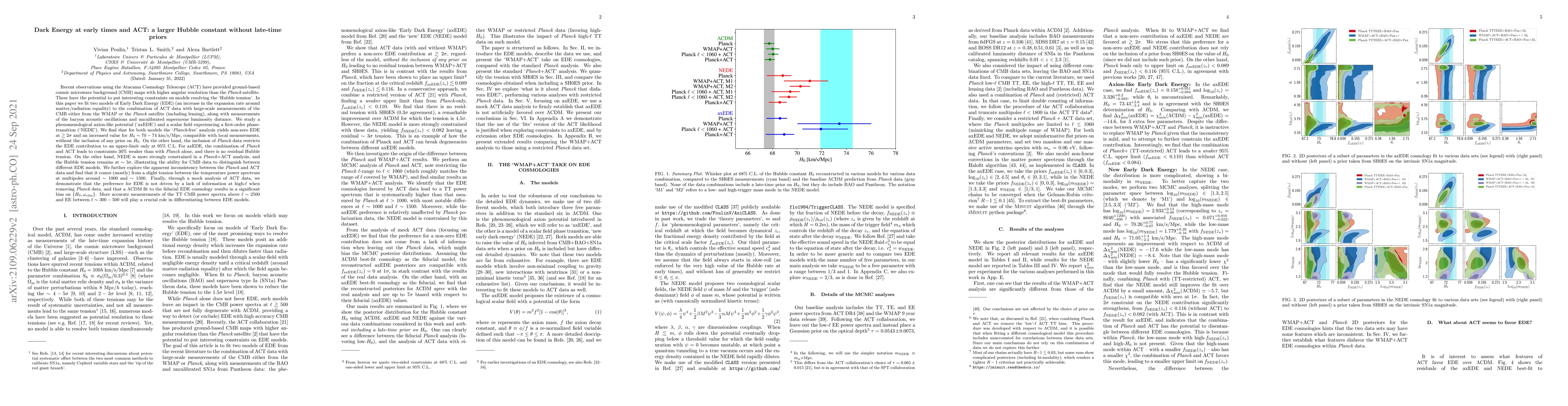 Thumbnail for Dark Energy at early times and ACT: a larger Hubble constant without
  late-time priors