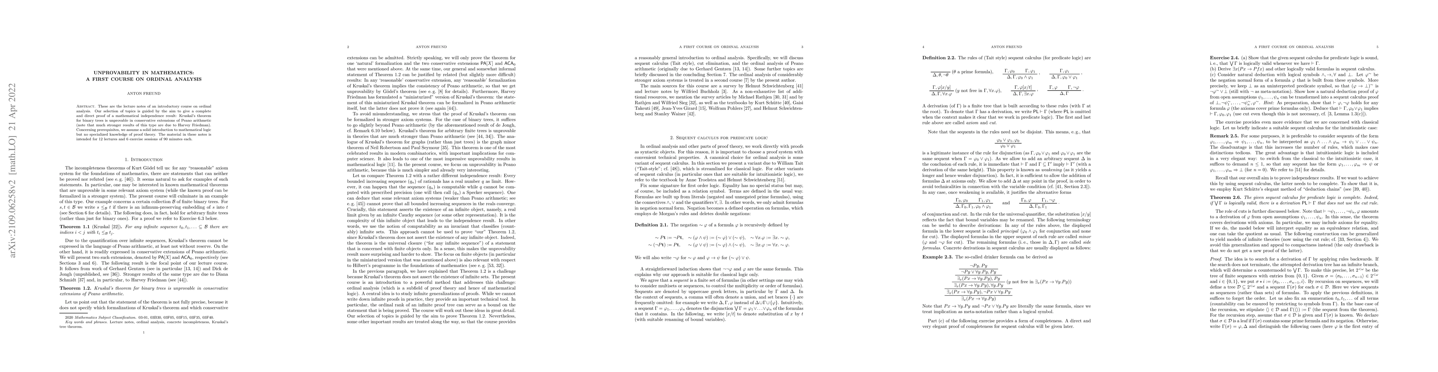 Thumbnail for Unprovability in Mathematics: A First Course on Ordinal Analysis