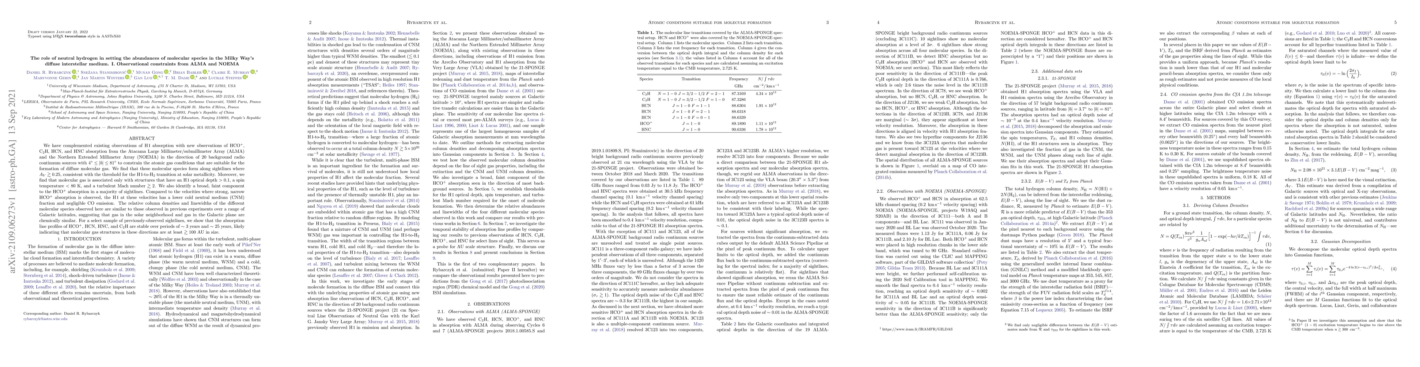 Thumbnail for The role of neutral hydrogen in setting the abundances of molecular
  species in the Milky Way's diffuse interstellar medium. I. Observational
  constraints from ALMA and NOEMA