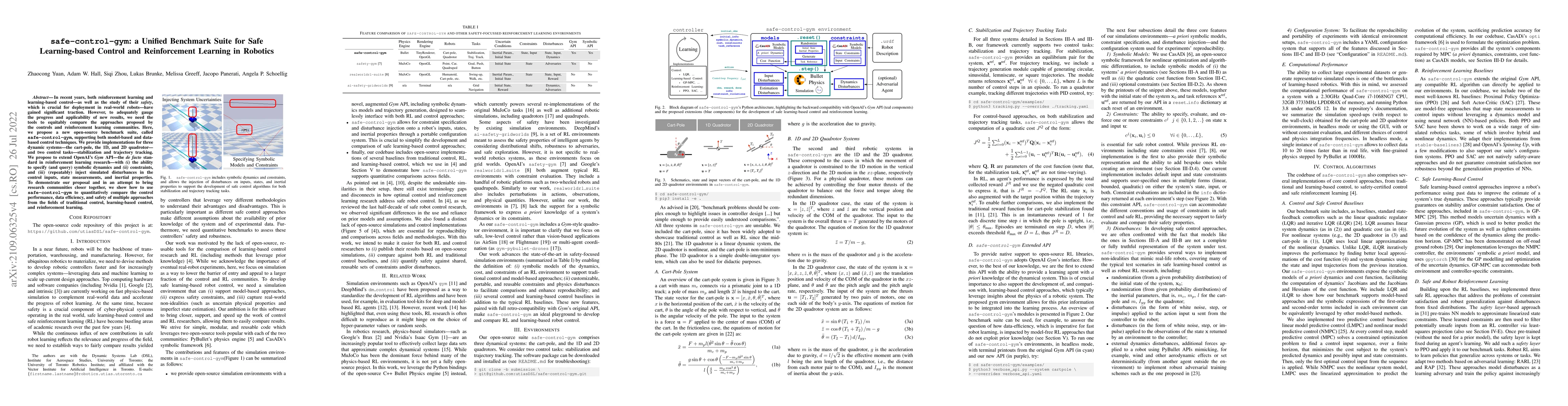 Thumbnail for safe-control-gym: a Unified Benchmark Suite for Safe Learning-based
  Control and Reinforcement Learning in Robotics