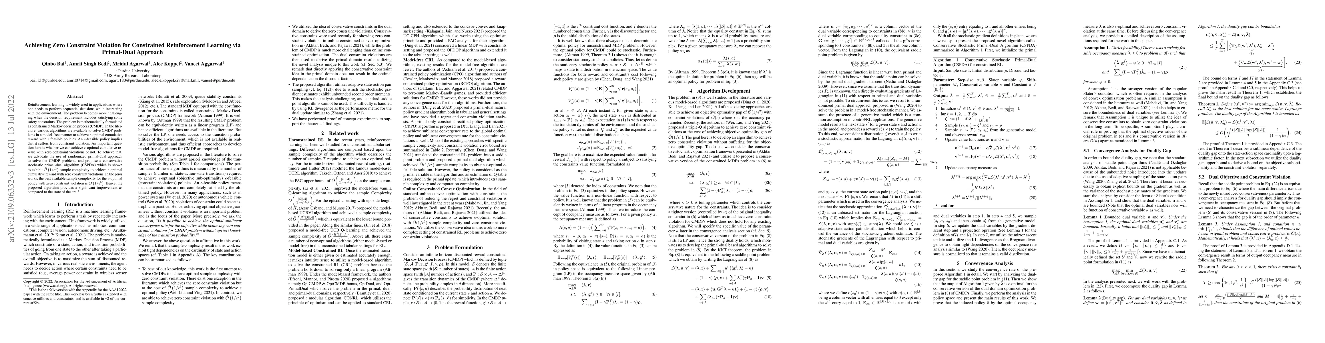 Thumbnail for Achieving Zero Constraint Violation for Constrained Reinforcement
  Learning via Primal-Dual Approach