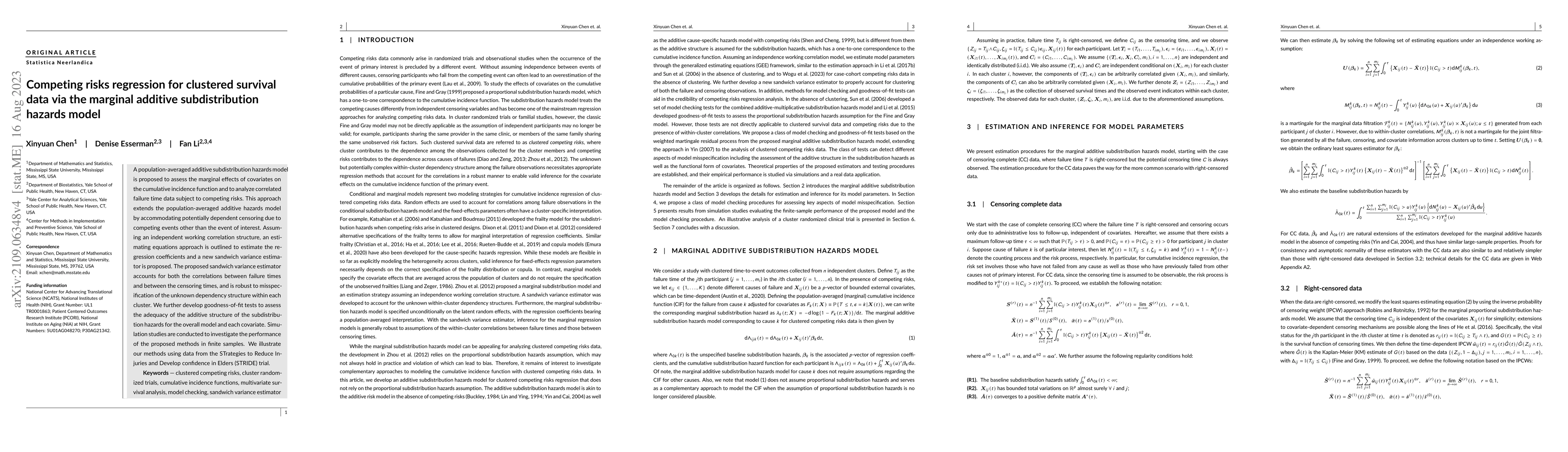 Thumbnail for Competing risks regression for clustered survival data via the marginal
  additive subdistribution hazards model