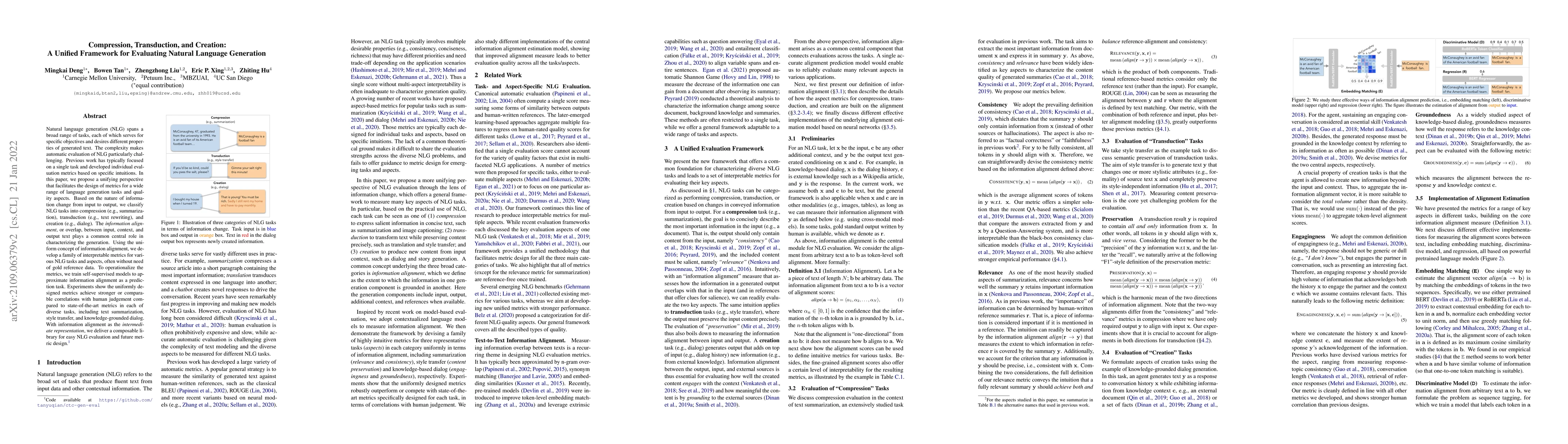 Thumbnail for Compression, Transduction, and Creation: A Unified Framework for
  Evaluating Natural Language Generation