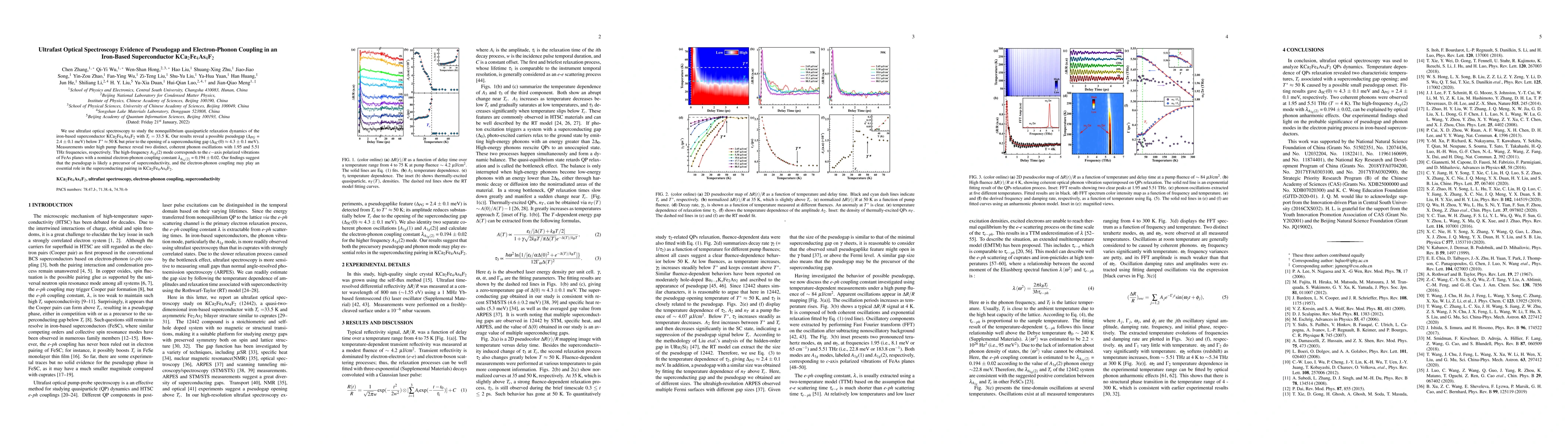 Thumbnail for Ultrafast Optical Spectroscopy Evidence of Pseudogap and Electron-Phonon
  Coupling in an Iron-Based Superconductor KCa$_2$Fe$_4$As$_4$F$_2$