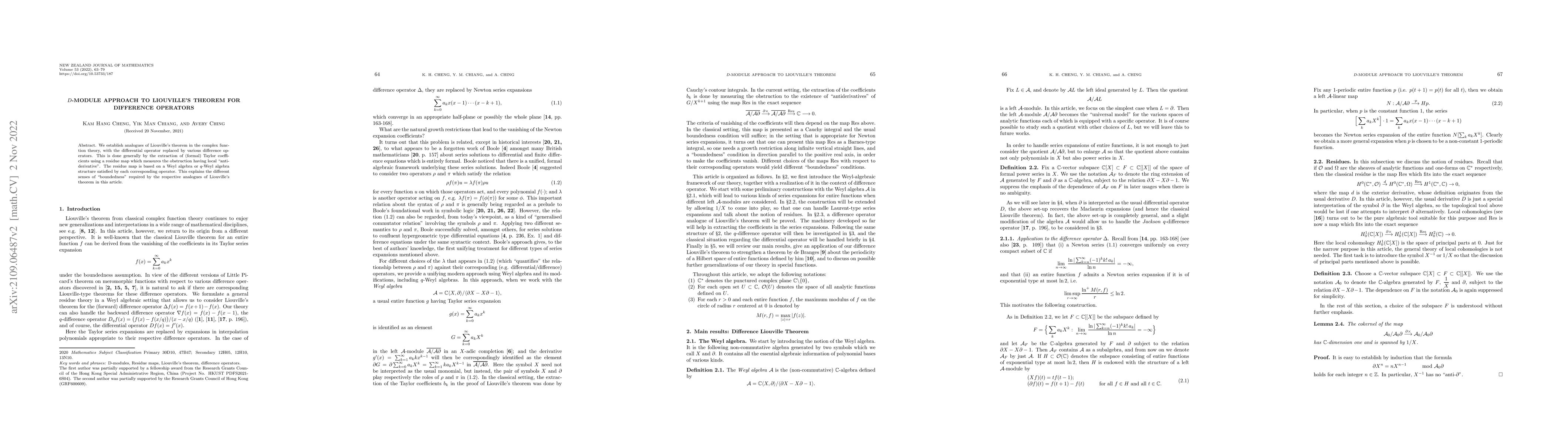 Thumbnail for D-module approach to Liouville's Theorem for difference operators