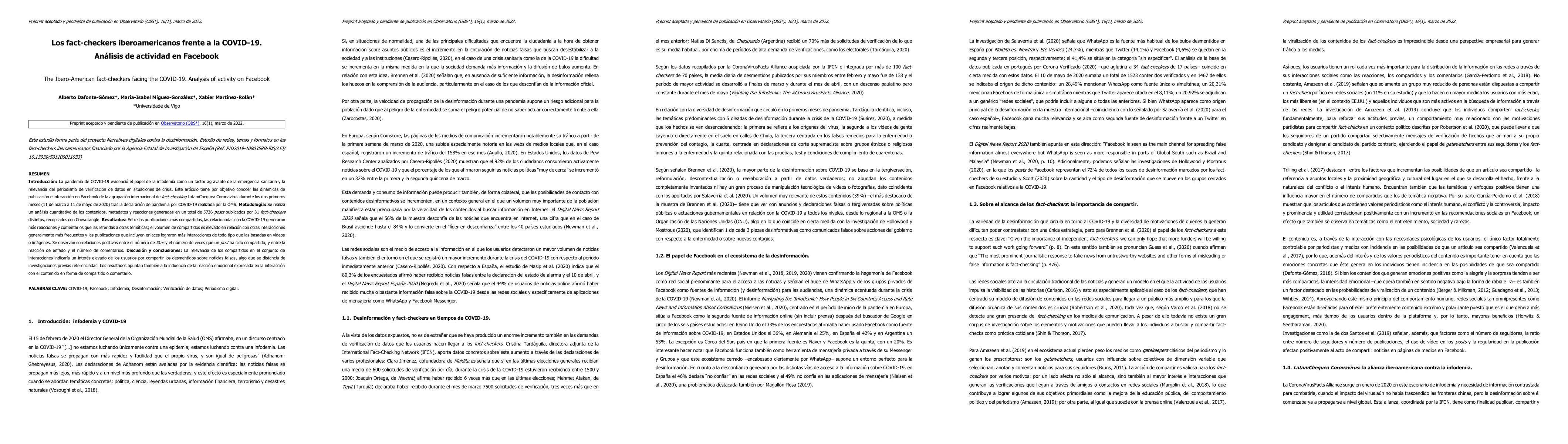 Thumbnail for Los fact-checkers iberoamericanos frente a la COVID-19. An\'alisis de
  actividad en Facebook / The Ibero-American fact-checkers facing the COVID-19.
  Analysis of activity on Facebook