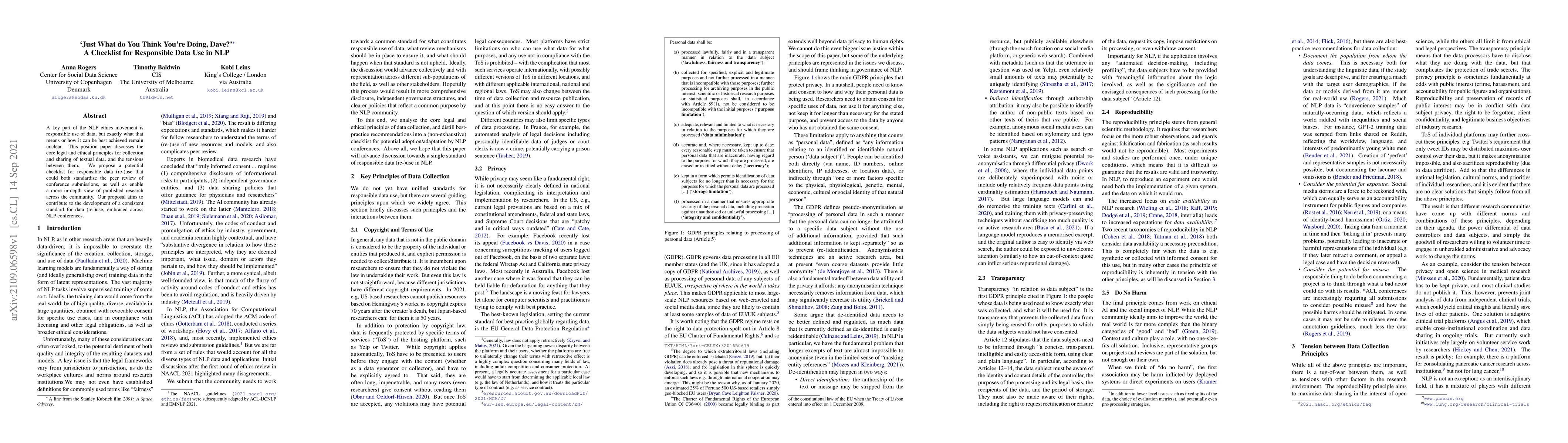 Thumbnail for Just What do You Think You're Doing, Dave?' A Checklist for Responsible
  Data Use in NLP