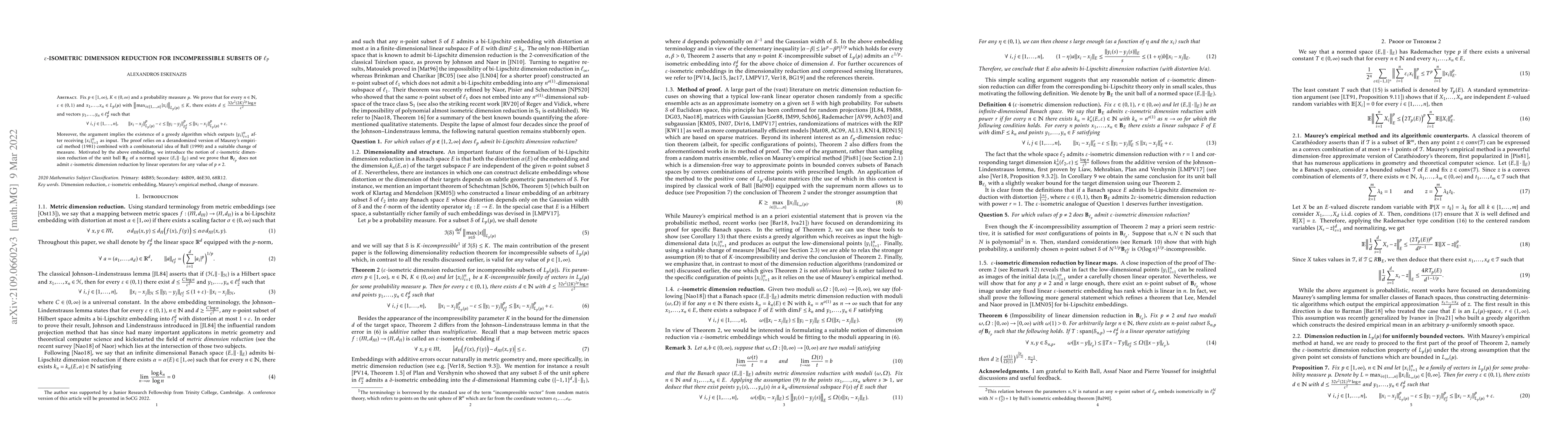 Thumbnail for $\varepsilon$-isometric dimension reduction for incompressible subsets
  of $\ell_p$