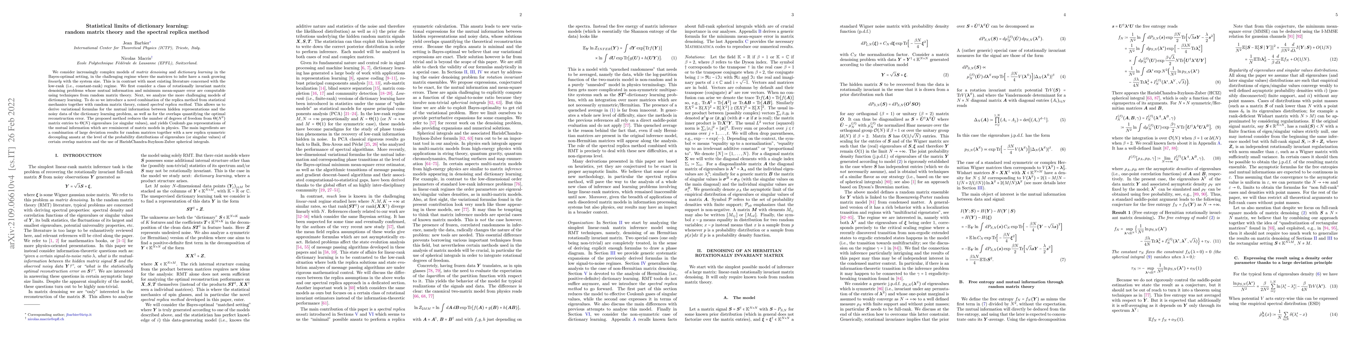 Thumbnail for Statistical limits of dictionary learning: random matrix theory and the
  spectral replica method