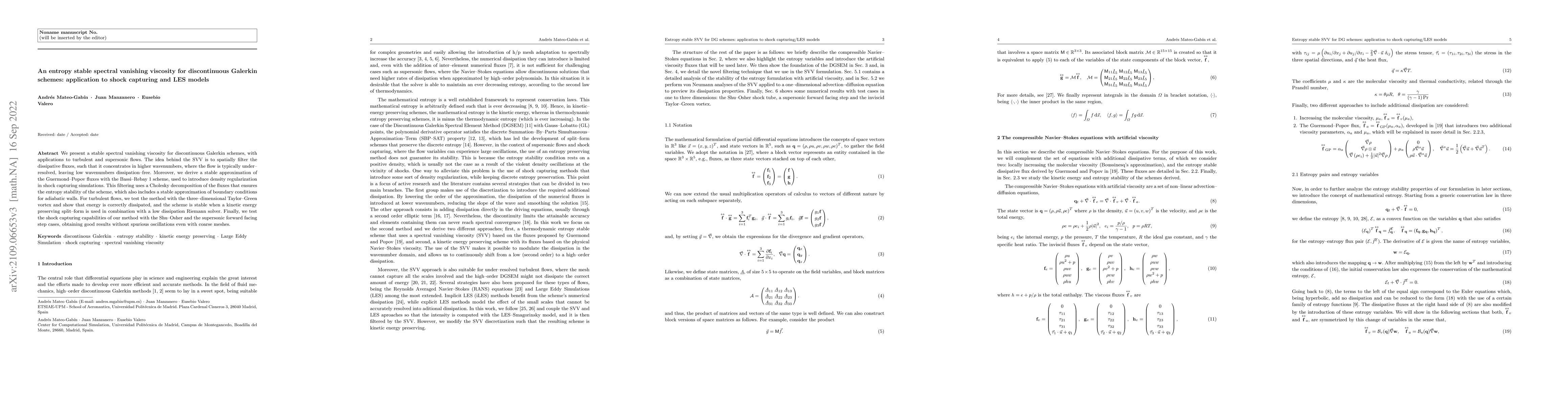 Thumbnail for An entropy stable spectral vanishing viscosity for discontinuous
  Galerkin schemes: application to shock capturing and LES models