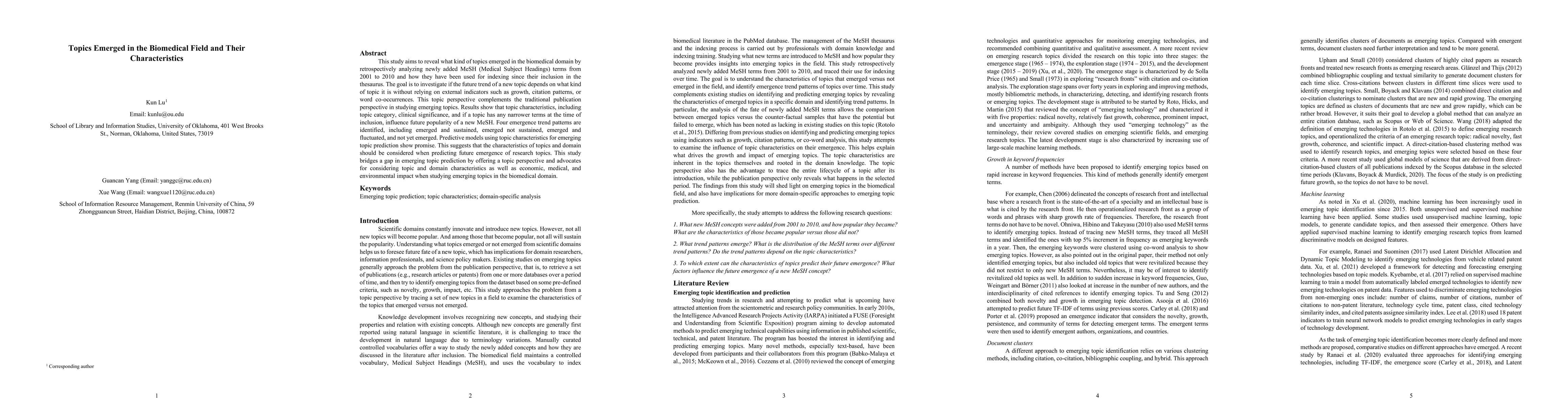 Thumbnail for Topics Emerged in the Biomedical Field and Their Characteristics