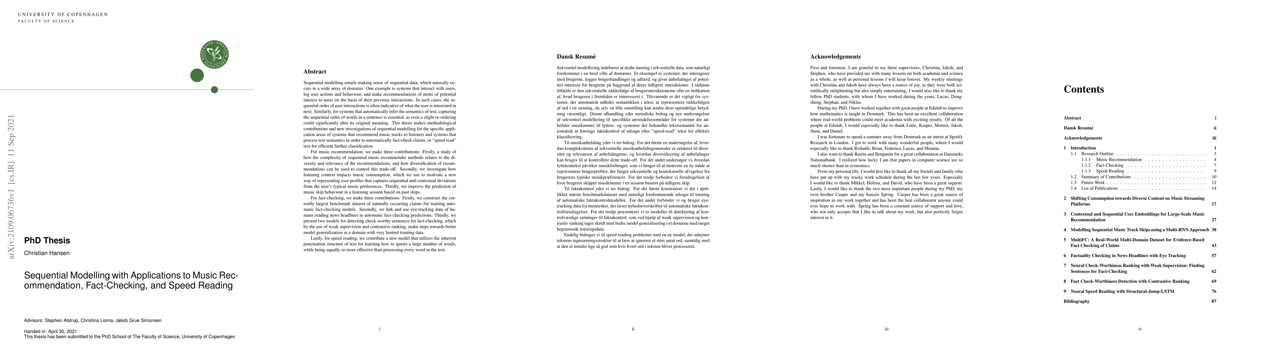 Thumbnail for Sequential Modelling with Applications to Music Recommendation,
  Fact-Checking, and Speed Reading