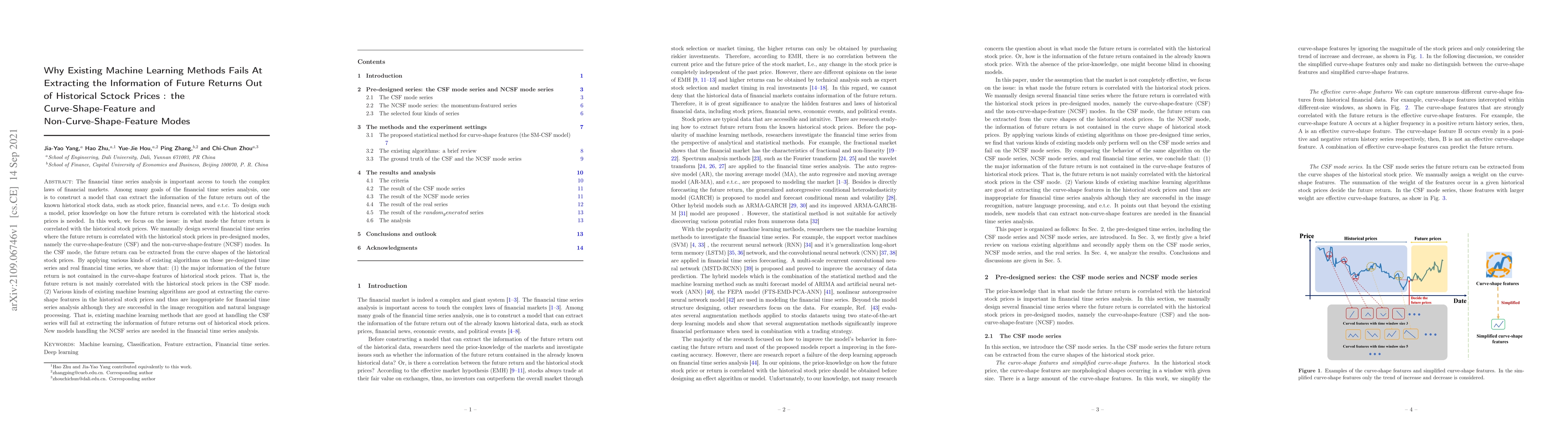 Thumbnail for Why Existing Machine Learning Methods Fails At Extracting the
  Information of Future Returns Out of Historical Sctock Prices : the
  Curve-Shape-Feature and Non-Curve-Shape-Feature Modes