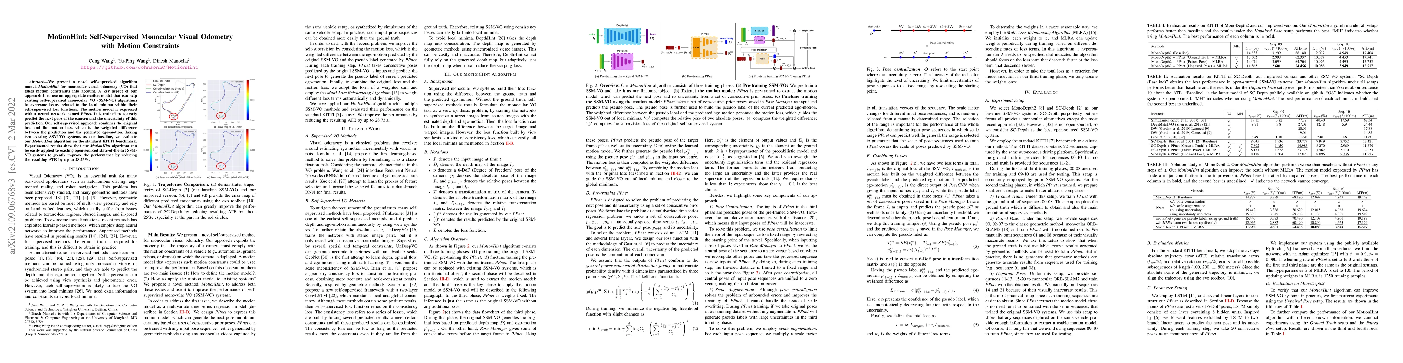 Thumbnail for MotionHint: Self-Supervised Monocular Visual Odometry with Motion
  Constraints
