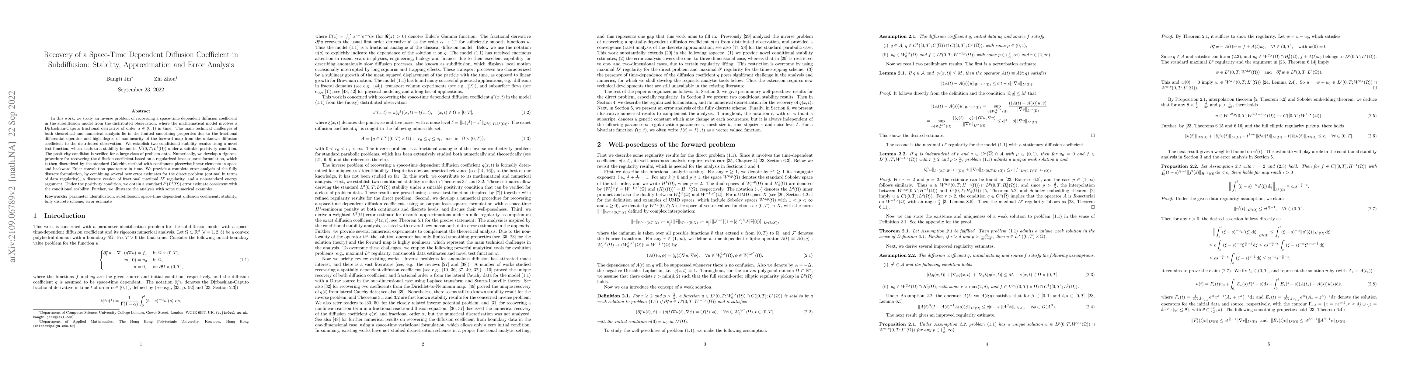 Thumbnail for Recovery of a Space-Time Dependent Diffusion Coefficient in
  Subdiffusion: Stability, Approximation and Error Analysis